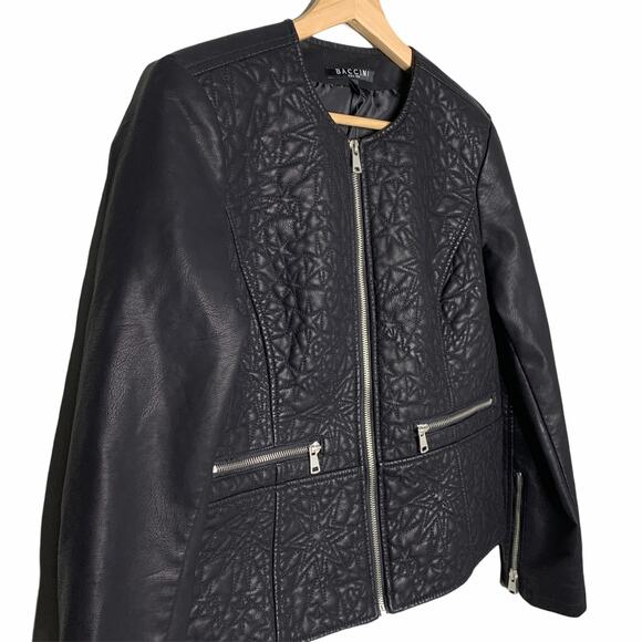 Baccini Black Vegan Leather Moto Jacket • Petite Medium • Edgy Zip Detail NWT - Picture 2 of 10